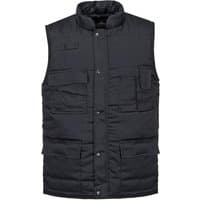 Black Portwest Shetland bodywarmer, medium size, with quilted design, multiple pockets, and snap button closure.