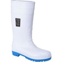 White Portwest Wellington boots with blue soles, reinforced toe, and black logo patch on the side.