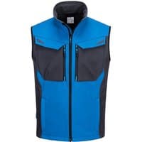 Blue and black Portwest WX3 Softshell Gilet with front zipper, multiple pockets, and high collar, size XXL.