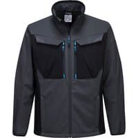 Metal grey Portwest WX3 softshell jacket with black accents, zip pockets, and high collar, size M.