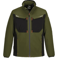Olive Portwest WX3 Softshell Jacket, XL, with black panels, zip pockets, and high collar.
