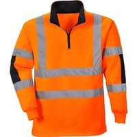Orange Portwest Xenon Rugby Shirt with reflective stripes, black collar, and cuffs, size XS.