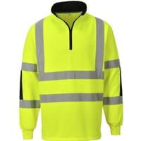 Yellow Portwest Xenon Rugby Shirt with reflective stripes, black collar, and half-zip front, size XXL.
