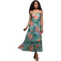 Printed strapless maxi dress with floral pattern, green and coral tones, tiered skirt, by Goddiva.