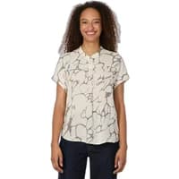 Ragwear Coraline Print blouse, short-sleeved, white with abstract black pattern, button-up front, collared neckline.