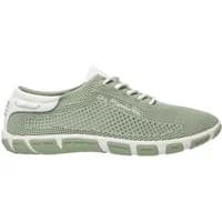Green recycled textile trainers for women by TBS with white sole and lace-up design.