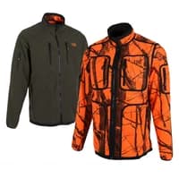 Reversible camouflage fleece jacket, orange with black tree pattern on one side, solid olive green on the other.