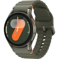 Samsung Galaxy Watch7 LTE 40mm, olive green band, round face, digital display with orange and green accents.
