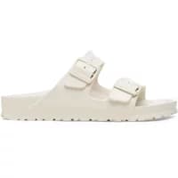 Beige Birkenstock Arizona Essentials EVA sandals with dual adjustable straps and contoured footbed.