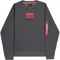 Gray satin Alpha Industries sweatshirt with red logo patch, zippered sleeve pocket, and red tag detail.