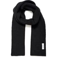 Black knitted scarf with ribbed texture and small white label by Casual Friday.