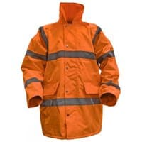 Hi-vis orange motorway jacket with quilted lining, reflective stripes, and front pockets, size X-Large.