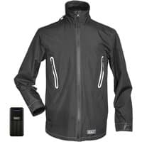 Black Sealey heated rain jacket with high collar, zip pockets, and included black power bank.