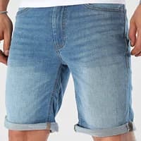 Blue denim shorts with rolled cuffs and faded texture, featuring a button closure and front pockets.
