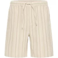 Beige striped shorts with drawstring waist and relaxed fit.