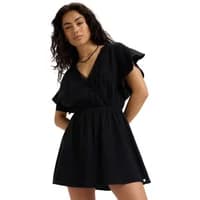 Black Roxy short dress with V-neck, flutter sleeves, and cinched waist.