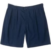 Navy blue twill shorts with pleated front and button closure.