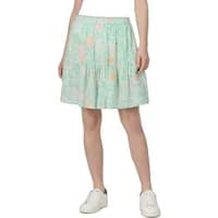 Mint green Ragwear Garisa Print short skirt with floral pattern, elastic waistband, and knee-length hem.