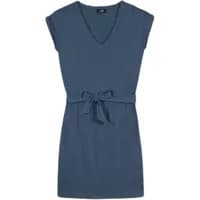 Blue short sleeve dress with V-neck and waist tie belt.