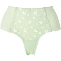 Light green Brigitte Bardot shorty with white daisy pattern and scalloped edges.