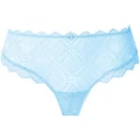 Light blue lace shorty with diamond pattern and scalloped edges, featuring a small front button detail.