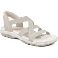 Taupe Skechers Slip-ins Reggae Slim Sandals with crisscross straps and cushioned sole.