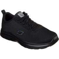 Black Skechers workwear shoe with mesh upper, lace-up design, and slip-resistant sole, size 10.