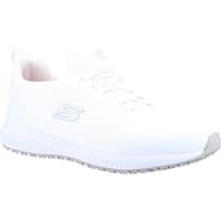 White Skechers workwear shoe, slip-resistant sole, lace-up design, and Skechers logo on the side.