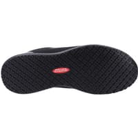 Black Skechers workwear shoe with textured non-slip sole, red Skechers logo, and size 12 marking.