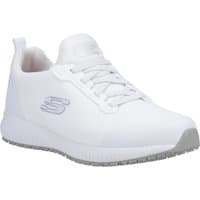 White Skechers workwear shoe, slip-resistant sole, lace-up design, with Skechers logo on side and heel tab.