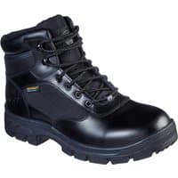 Black Skechers waterproof tactical boot with lace-up front, padded collar, and rugged sole, size 10.