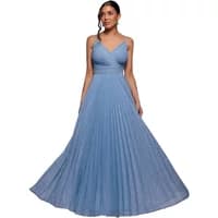 Sleeveless pleated dress by Goddiva, light blue, with a fitted bodice and flowing skirt.