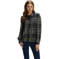 Plaid slightly puffed long sleeve shirt with collar, worn by a woman, featuring dark tones and subtle green accents.