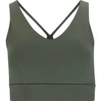 Olive green Athlecia Dilraba sports bra with V-neck and thin black cross-back straps.