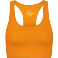 Sunny orange sports bra with racerback design and Colorful Standard logo on the back.