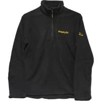 Black Stanley 1/4 zip micro fleece with yellow logo on chest and sleeve, size XL, long sleeves, high collar.