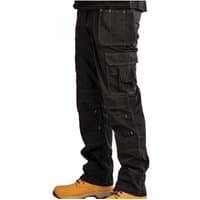 Black Stanley holster trousers with multiple pockets, reinforced knees, and yellow boots, waist 30in, leg 31in.