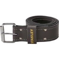 Dark brown Stanley leather belt with silver buckle and yellow logo, featuring white stitching and rivet accents.