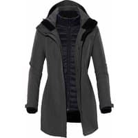 Charcoal twill women's jacket with hood, zip front, and quilted inner lining, size XL by Stormtech.