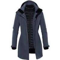 Navy twill women's Avalante system jacket with detachable hood, quilted inner layer, and full-length zipper by Stormtech.