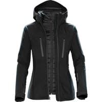 Black Stormtech women's jacket with hood, zippered chest pockets, and quilted inner lining, size M.