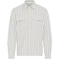 Striped shirt by Casual Friday, long sleeves, button-up front, light fabric with vertical blue and white stripes.