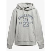 Cadet grey marl hoodie with "Superdry JPN No. 23 DPT" text, front pocket, and drawstring hood.