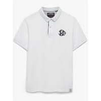 White Superdry polo shirt with navy monogram logo on chest, buttoned placket, and short sleeves.