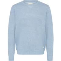 Light blue "Sweater Blend Bruton" with crew neck, ribbed cuffs, and hem, featuring subtle texture and small logo patch.