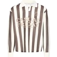 Striped sweatshirt by Casual Friday, brown and white vertical stripes, long sleeves, collar, and logo on chest.