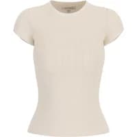 Cream Guess Kara women's sweatshirt, short sleeves, ribbed texture, fitted design.