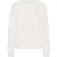 White Ichi sweatshirt for women, long sleeves, small red logo on chest, ribbed cuffs and hem.