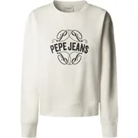 White Pepe Jeans sweatshirt with black logo and ornate design on chest, crew neck, and long sleeves.