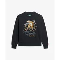 Black Superdry sweatshirt with colorful dragon graphic and "Superdry" text on front, ribbed cuffs and hem.